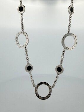 Bvlgari Bulgari 18K White Gold Onyx Circle Motif Necklace 19" 33g